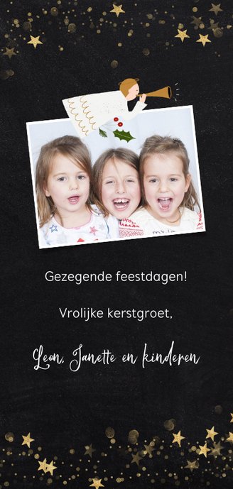 Christelijke kerstkaart met engeltjes en gouden sterren Achterkant