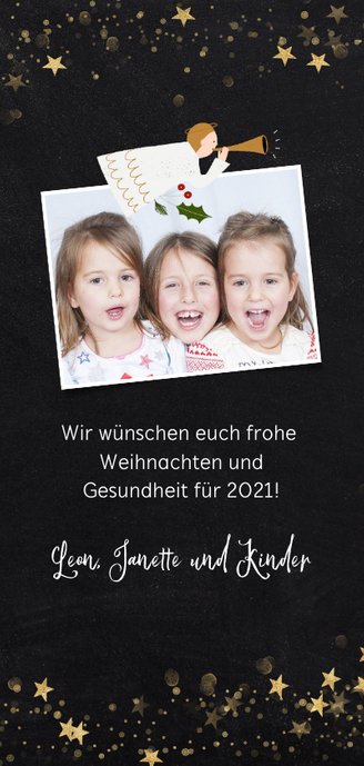 Christliche Weihnachtskarte mit zwei Engeln und Sternen Rückseite
