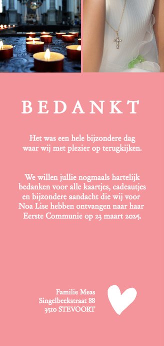 Communie - bedankt langwerpig het regent hartjes Achterkant