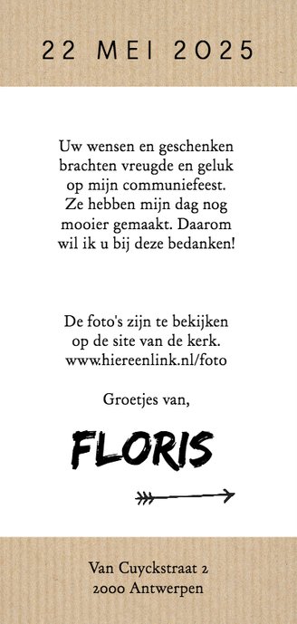 Communie - bedankt langwerpig stoer jongen Achterkant