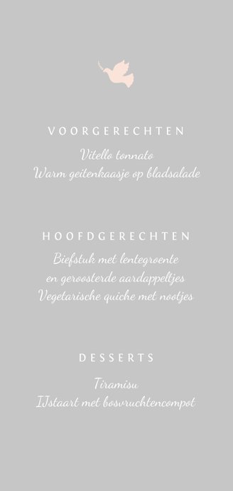 Communie menukaart foto en roze duifje Achterkant