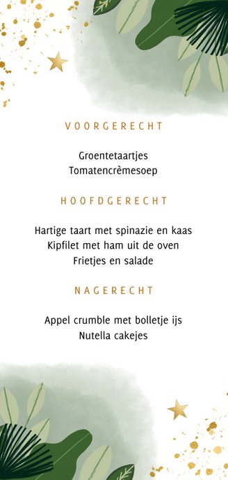 Communie menukaart hip met planten, waterverf en goudlook Achterkant