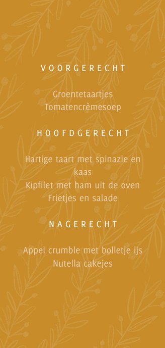 Communie menukaart stijlvol oker en takjes Achterkant