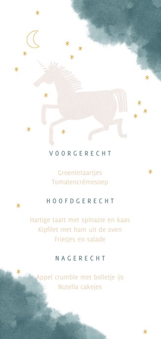 Communie menukaart stijlvol unicorn en waterverf Achterkant