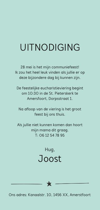 Communie uitnodiging big boy Achterkant