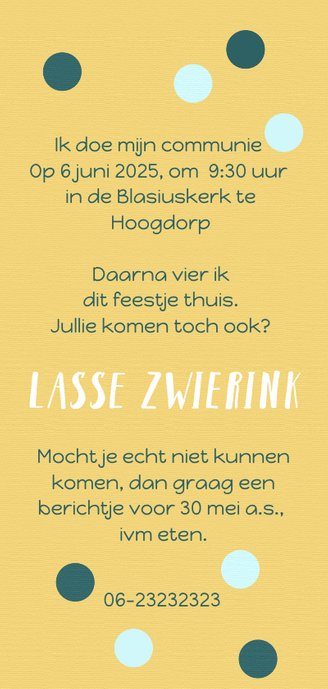 Communie uitnodiging Daan Achterkant