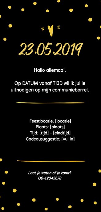 Communie - uitnodiging foto langwerpig stippen Achterkant