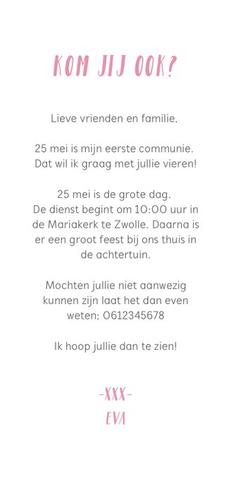 Communie uitnodiging met waterverf en hartjes 3