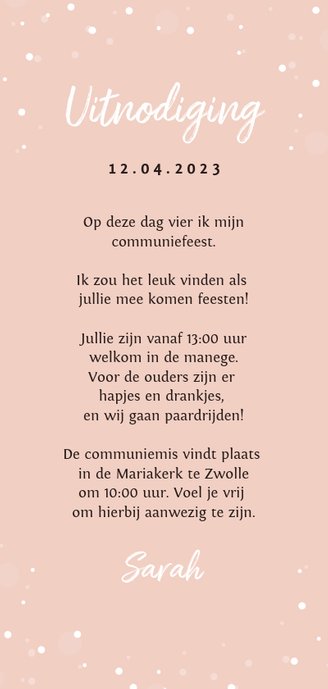 Communie uitnodiging thema paard roze Achterkant