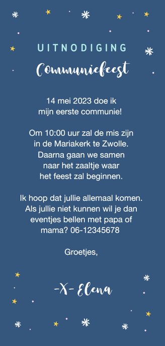 Communie uitnodiging unicorn eenhoorn feestje meisje Achterkant