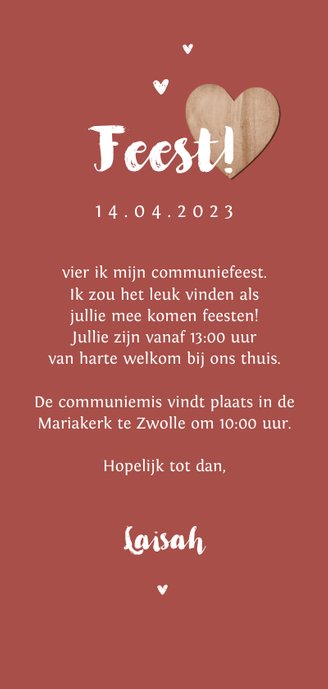 Communiefeest uitnodiging fotokaart houten hartjes Achterkant