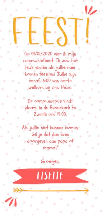 Communiekaart confetti en typografisch met eigen foto Achterkant