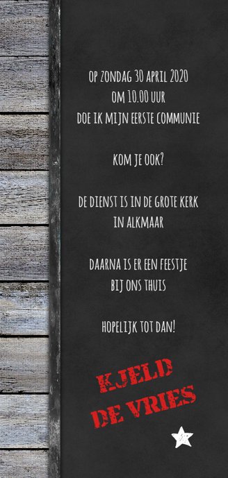Communiekaart donker hout stoer Achterkant