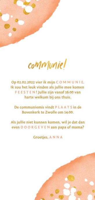 Communiekaart feestelijke roze waterverf Achterkant