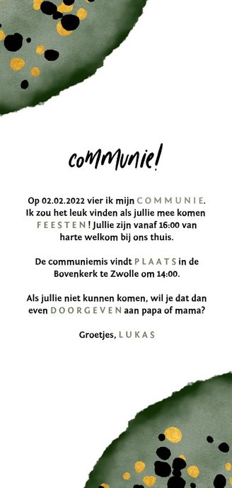 Communiekaart feestelijke waterverf donkergroen Achterkant