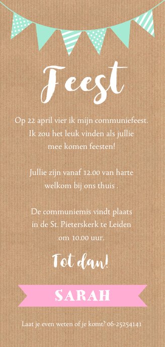 Communiekaart foto roze slinger kraft Achterkant