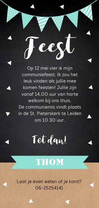 Communiekaart jongen foto confetti slinger Achterkant