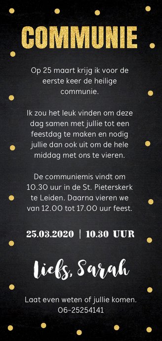 Communiekaart langwerpig foto confetti goud Achterkant