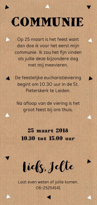 Communiekaart langwerpig foto driehoekjes kraftprint Achterkant