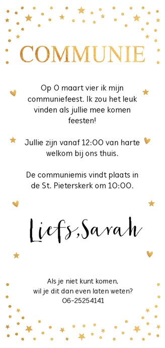 Communiekaart langwerpig foto gouden confetti Achterkant