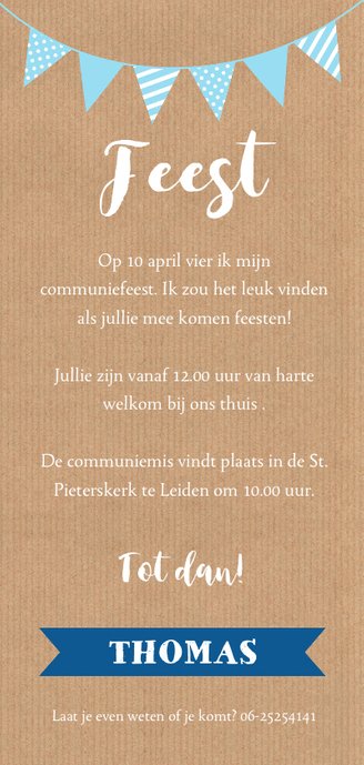 Communiekaart langwerpig kraft foto slinger jongen Achterkant