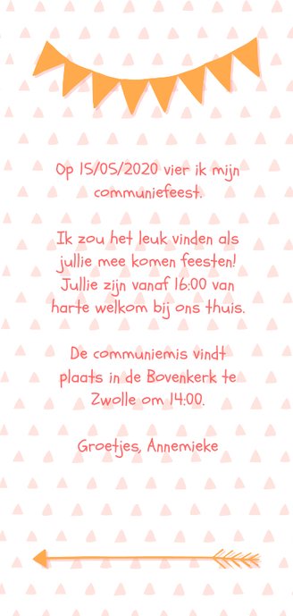 Communiekaart meisje typografisch met slingers en pijlen Achterkant