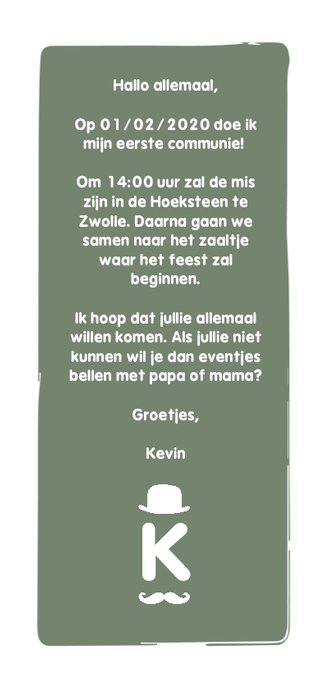Communiekaart met aanpasbaar initiaal, bolhoed en snorretje Achterkant