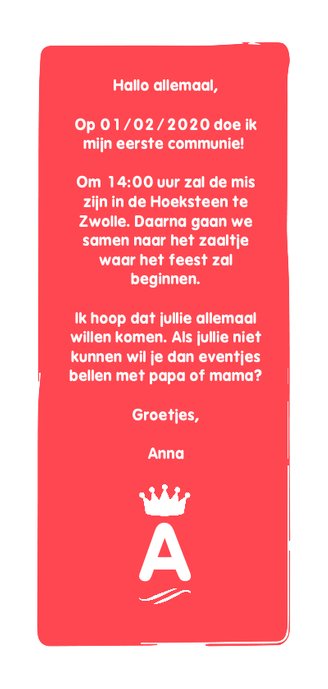 Communiekaart met aanpasbaar initiaal, kroontje en ornament Achterkant