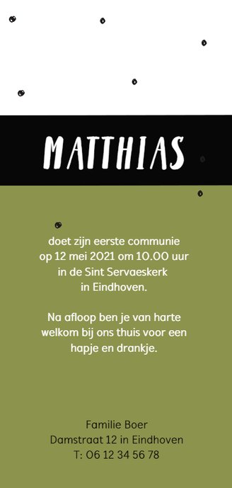 Communiekaart met confetti en eigen foto Achterkant