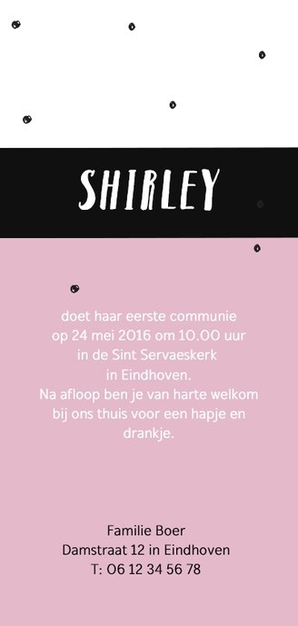 Communiekaart met zwarte confetti en eigen foto Achterkant