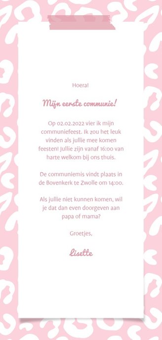 Communiekaart panterprint wit aanpasbaar en foto Achterkant