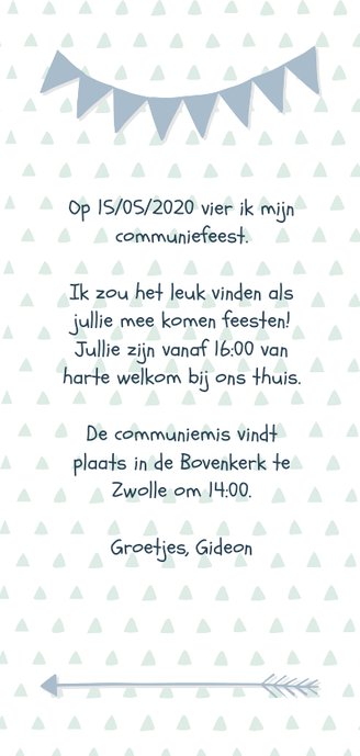 Communiekaart typografisch met slingers en pijlen jongen Achterkant