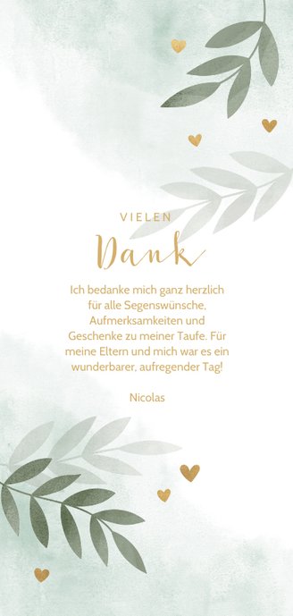 Daksagungskarte Taufe Foto botanisch grün Rückseite