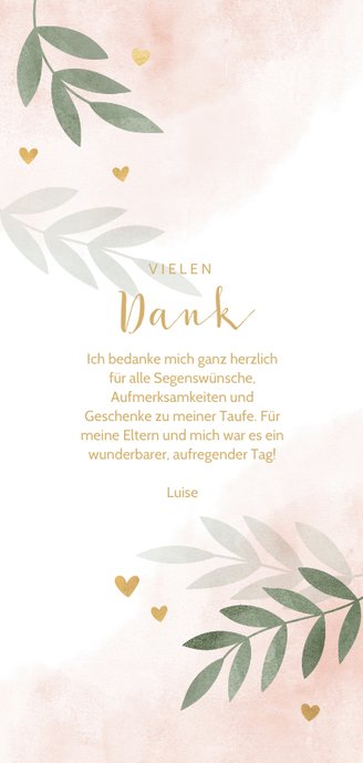 Daksagungskarte Taufe rosa Foto botanisch Rückseite