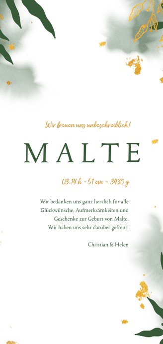 Dankeskarte Geburt botanisch Foto grün Aquarell Rückseite