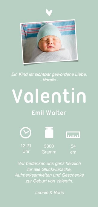 Dankeskarte zur Geburt Silhouette mintgrün Foto Rückseite Rückseite