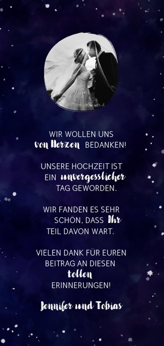 Dankeskarte zur Hochzeit mit Foto im Galaxy Design Rückseite
