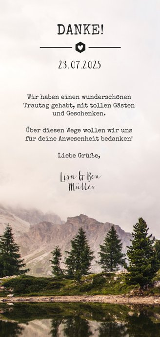 Dankeskarte zur Hochzeit mit Foto und Landschaft Rückseite
