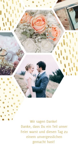 Dankeskarte zur Hochzeit mit Fotocollage im Goldlook Rückseite