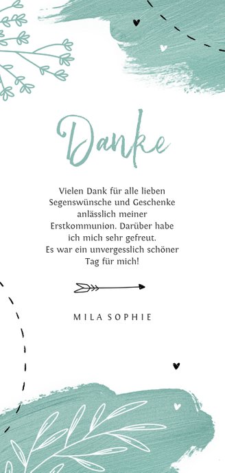 Dankeskarte zur Kommunion grüne Farbkleckse Rückseite
