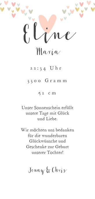 Danksagung Geburt Foto in Herz Rückseite