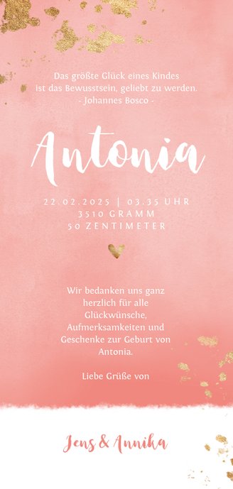 Danksagung zur Geburt Aquarell Foto rosa Rückseite