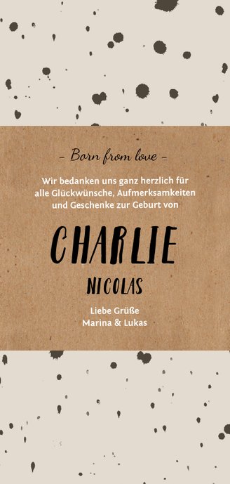 Danksagung zur Geburt mit Fotocollage Kleckse braun Rückseite