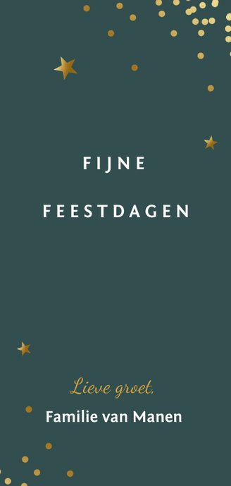 Donkergroene kerstkaart met gouden confetti en Joy Achterkant