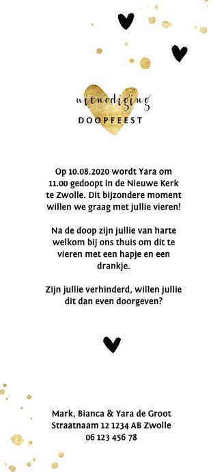 Doopkaartje hartjes en gouden spetters langwerpig Achterkant