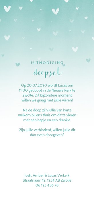 Doopkaartje mintgroene waterverf ombre met dwarrelhartjes Achterkant