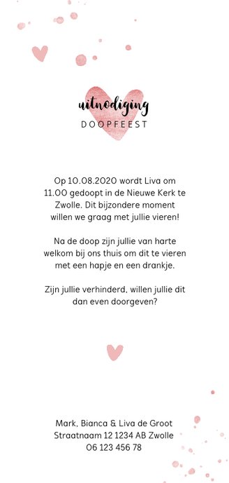 Doopkaartje roze spetters en hartjes langwerpig Achterkant
