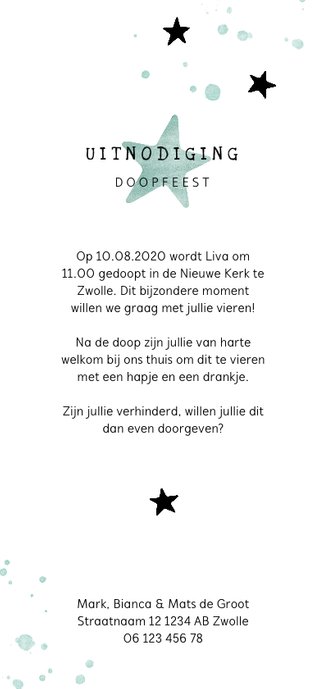 Doopkaartje sterren en mint spetters langwerpig Achterkant
