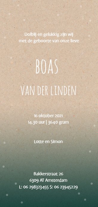 Een hip geboortekaartje voor een jongen met blauwe fading Achterkant