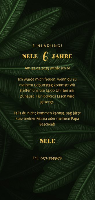Einladung Kindergeburtstag Dschungel Blätter und Foto Rückseite